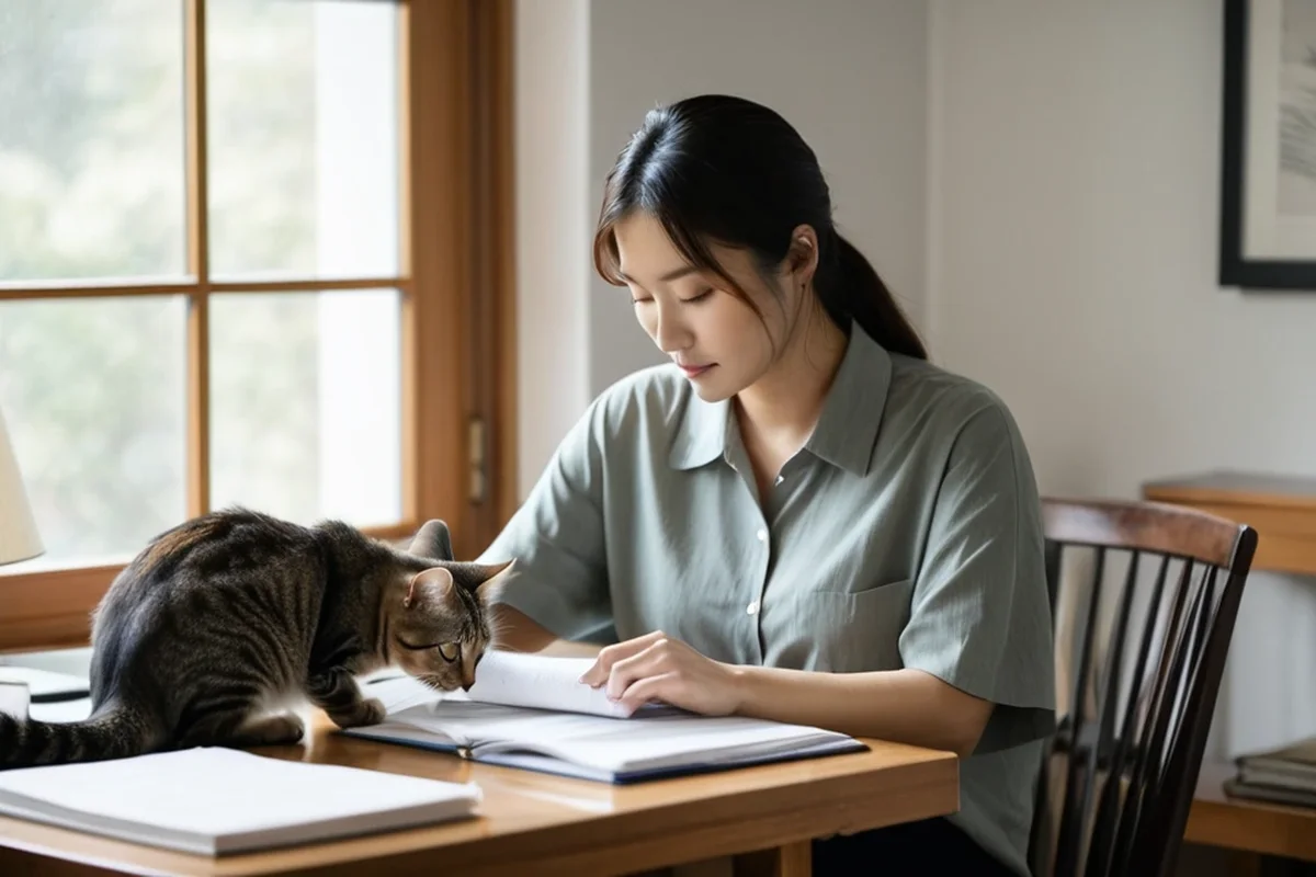고양이와 함께 서류를 보는 보호자